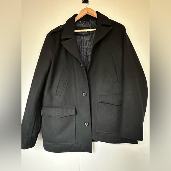 Men's Guess Wool Blend Black Felted Peacoat Jacket Coat Pockets Sz L - Picture 2 of 9